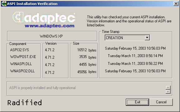 Results of Adaptec ASPI checker utility for Windows XP